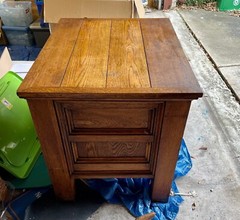 Antique solid oak kitchen island / cabinet; two drawers, & cutting board; $200