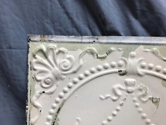 One Decorative Salvaged 18″ SQ. Shabby Diamond Ceiling Tin Panel Old 1769-23B