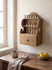 Rustic Pine Wood Cutlery Wall Furniture with Drawer, 1950s