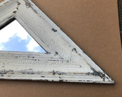 VTG Salvaged Triangle. 16X32 Shabby White Tin Ceiling Wrapped Mirror Old 153-25B
