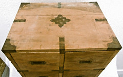Antique Japanese Four Drawer Heavy Wooden Cabinet with Metal Detail