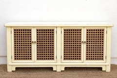 74″ Long Lattice Sideboard in Cream & Wood Storage Cabinet Farmhouse Coastal