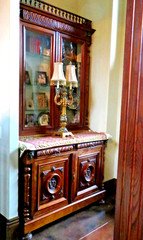Rare LG Matching Pair Antique French Walnut Hutches Carved Cameos Lions Columns