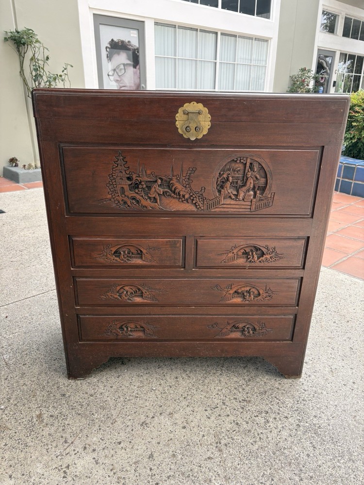 George Zee & Co. Carved Wood Cedar Chest Trunk Dresser Drawers Original Lock