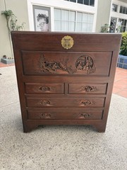 George Zee & Co. Carved Wood Cedar Chest Trunk Dresser Drawers Original Lock