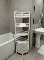 Vintage White Wicker Corner Etagere Cabinet 4 Shelves, Two Door Cabinets Base