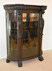 Horner Style Oak Curved Glass China Cabinet Curio with Lion Heads
