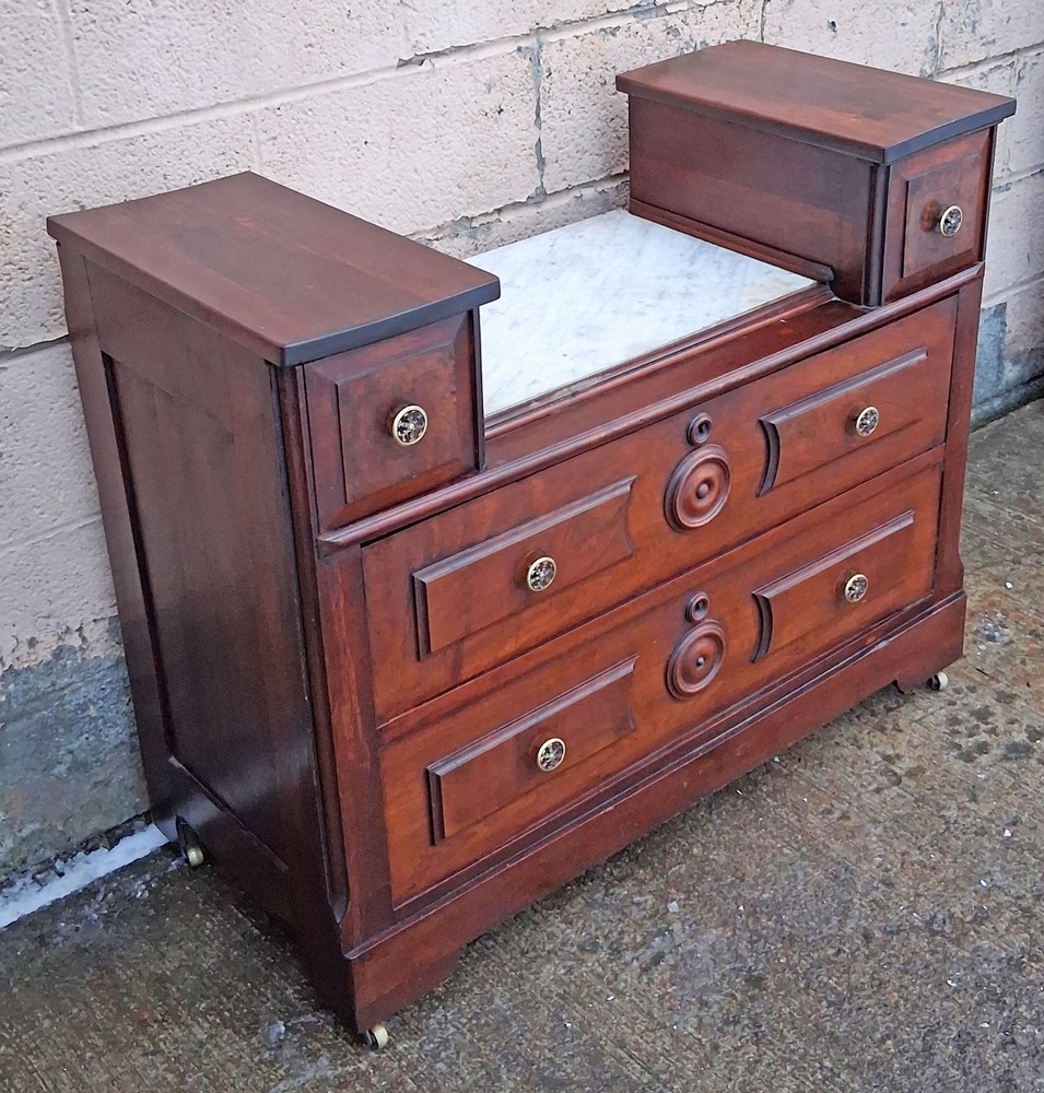 Antique Vintage Victorian Eastlake Solid Walnut Drop Center Dresser Marble Top