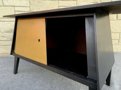 Mid Century Modern Hand Made Black Gold Trapezoid Sliding Door Cabinet Credenza