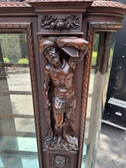 ORIEL CABINET CO. CARVED MAHOGANY MAN FIGURE CHINA CABINET