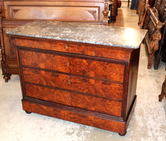 French Antique Tiger Mahogany Louis Philippe Marble Top Chest / Sideboard