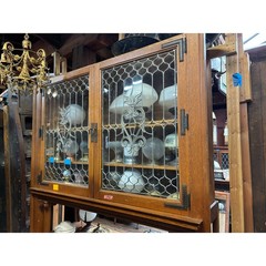 Massive Antique Oak Built-In Cabinet with Leaded Glass Doors