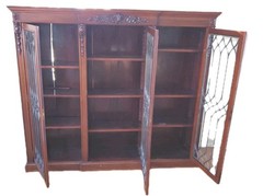 Antique Wood China Cabinet with Leaded Crystal Glass Panels 70″ Wide 3 Doors Key