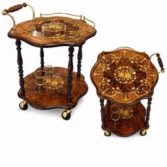 Italian Rosewood Marquetry Bar Tea Dessert Cart 2-Tier 8-Sided Trolley