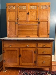 Sellers Antique Oak Hoosier Cabinet, Built-in Flour Sifter, Glass Sugar & Spice