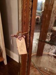 Antique Hand Painted Roses Wooden Curved Glass Curio Cabinet w/ Ormolu Trim
