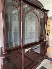 large traditional china cabinet, new, brown, glass upper section