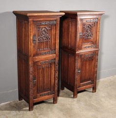 50″ Tall Pair of Vintage French Solid Oak Wood Highly Carved Gothic Cabinets