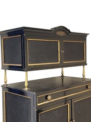 RARE CHIC 40’s GROSFELD HOUSE BLACK LACQUERED CABINET w/ CANE WORK & BRASS