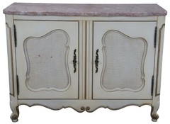 Mid Century French Provincial Serpentine Pink Marble Top Console Cabinet Rattan