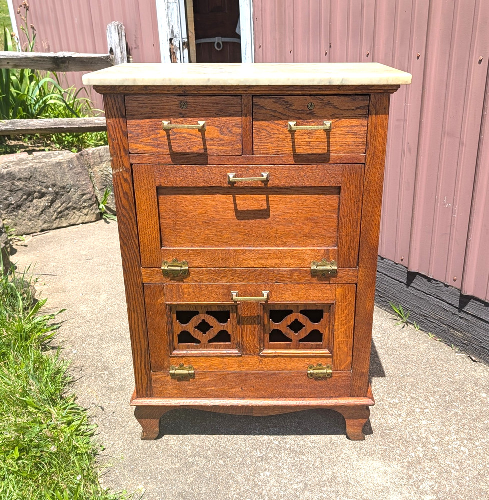 Antique Marble Top Barbers Cabinet Quarter Sawn Oak 1900s Era