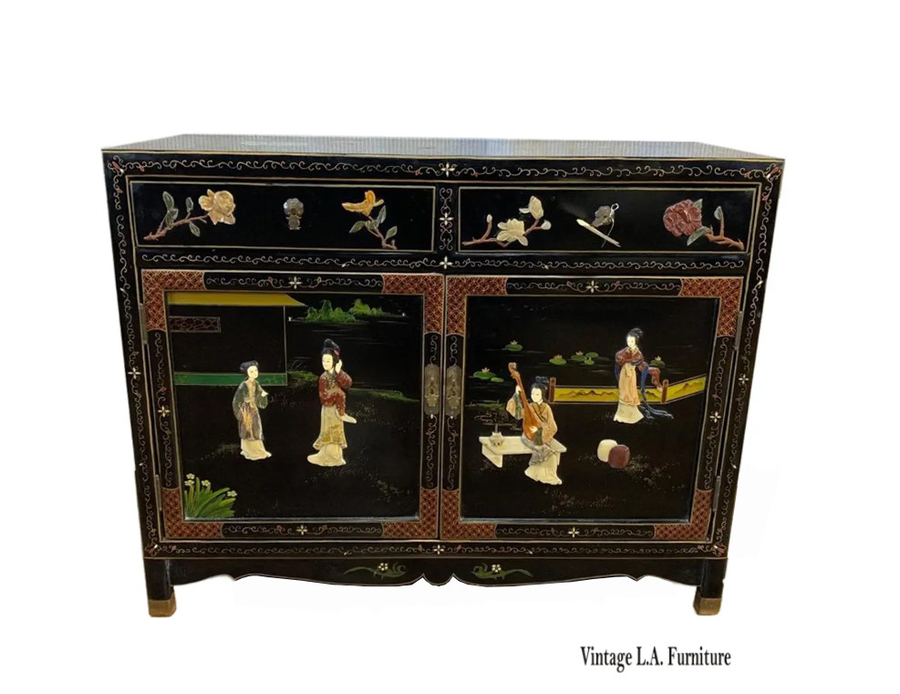 Vintage Chinese Asian Black Lacquer Cabinet Side Entry Table w Stone Onlay