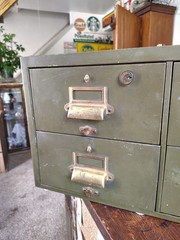 1950s 6-Drawer Green Metal Cabinet Y & E Brass Bits Vintage Works Great No Key