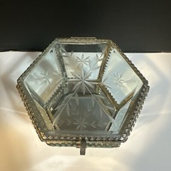 MCM Art Deco Mirrored Floral Etched Hexagonal Glass Jewelry Casket Trinket Box