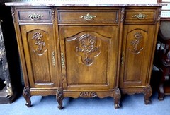 Antique French Oak Sideboard w/Marble Top,3 Doors.w/Carved Foliate & Shells 1930