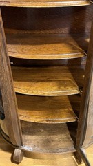 Antique Tiger Wood Curved Glass Curio Display Cabinet 60”H x 36”W x 15”D