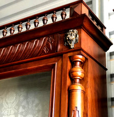 Rare LG Matching Pair Antique French Walnut Hutches Carved Cameos Lions Columns