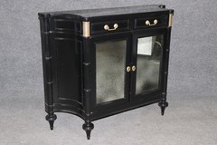 French Louis XVI Style Black Ebonized Cabinet with Distressed Mirrored Panels