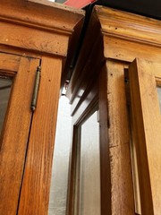 c1890 oak upright 2 door display cabinet 6’w x 85”h x 20”d – Four glass shelves
