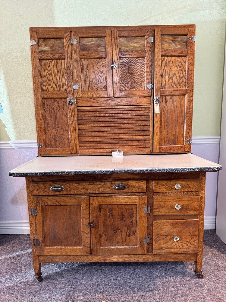 Antique Solid Oak Sellers Hoosier Cabinet w/ porcelain metal countertop