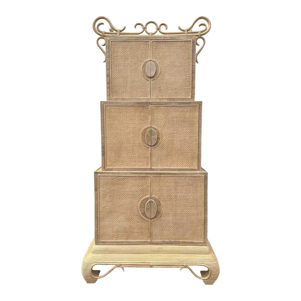 Chinoiserie Rattan Cabinet with Natural Bent Wood & Pencil Reed Base by Hickory