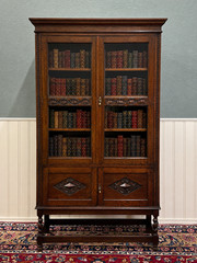 Antique English Bookcase Bookshelf Cabinet Double Door Barley Twist Oak c.1930s
