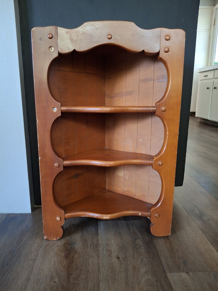 Vtg. corner cupboard with distinctive scalloped cutouts – 3 Tier – Oak In Color