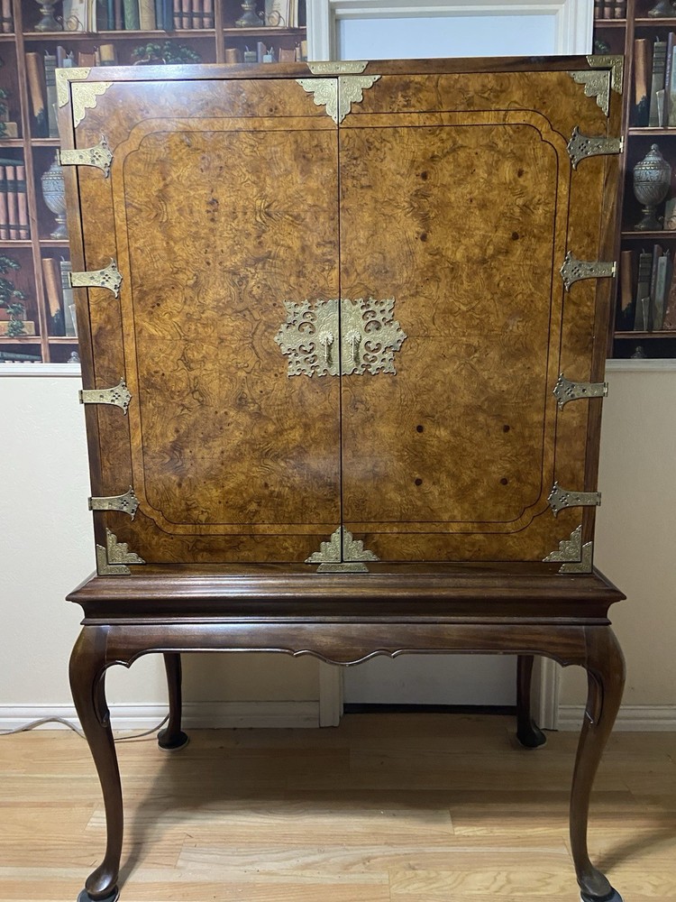 Antique Wood Cabinet with Brass Hardware, Raised Panel Doors, Shelf