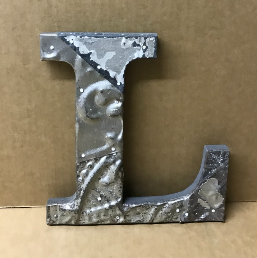 Decorative Salvaged Tin Ceiling 8″ Patchwork Shabby Silver Letter L Old 197-26B