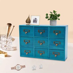 Desk Drawer Organizer Wooden Rustic Cabinet with 9 Drawers Blue