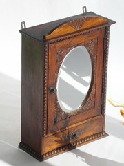 Art Deco Antique Dark Wooden Apothecary, Small Mirror Cabinet Floral Carved