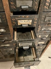 1920’s Yawman & Erbe 36 Drawer Parts Chest, Oak Cabinet, Japanned Metal Drawers