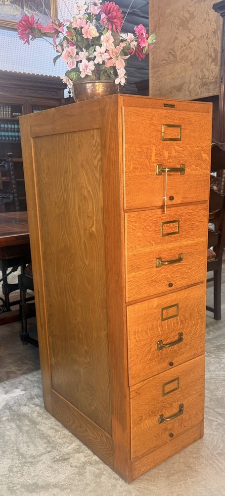 Antique American Tiger Oak Imperial Methods Co 4 Drawer Filing Cabinet 52″
