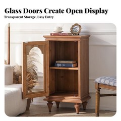 Wooden Nightstand with Glass Door French & aesthetic Bedside Cabinet with Glass