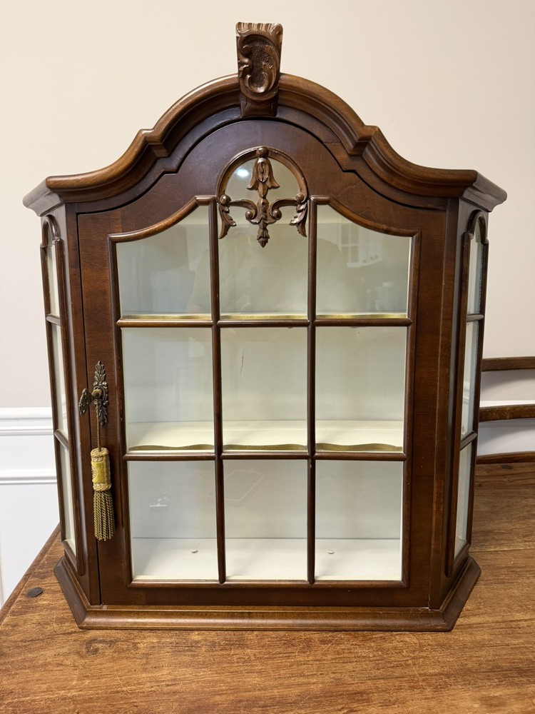Vintage Large Wooden Wall Cabinet with Ornament and White Shelves, Apothecary
