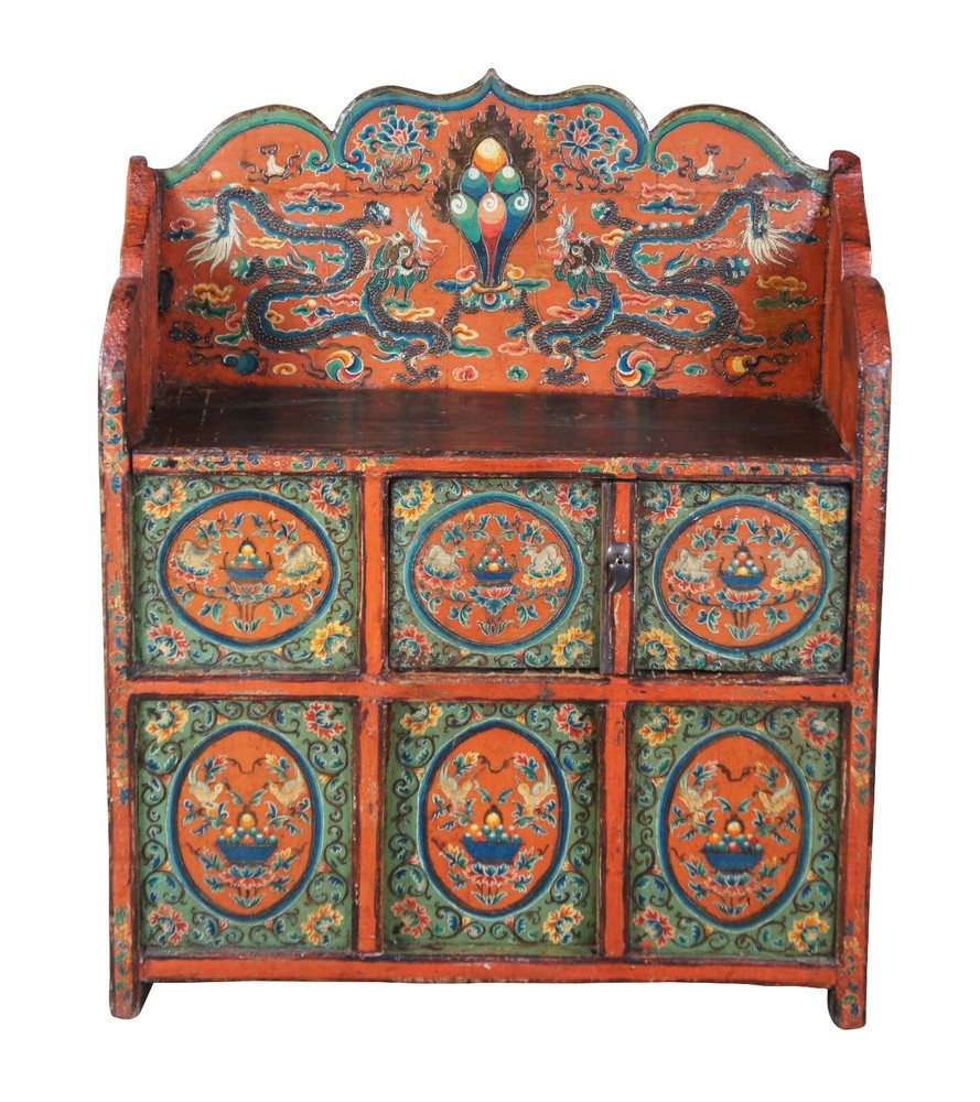 Antique Tibetan Elm Pegam Apothecary Bookcase Chest Altar Cabinet Bench Seat 43