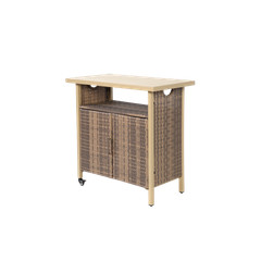 Outdoor Beige Wicker Bar Cart Rolling Rattan Beverage Serving Cart