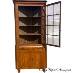 Antique small corner cupboard cabinet grained paint primitive berks 12 light 19t