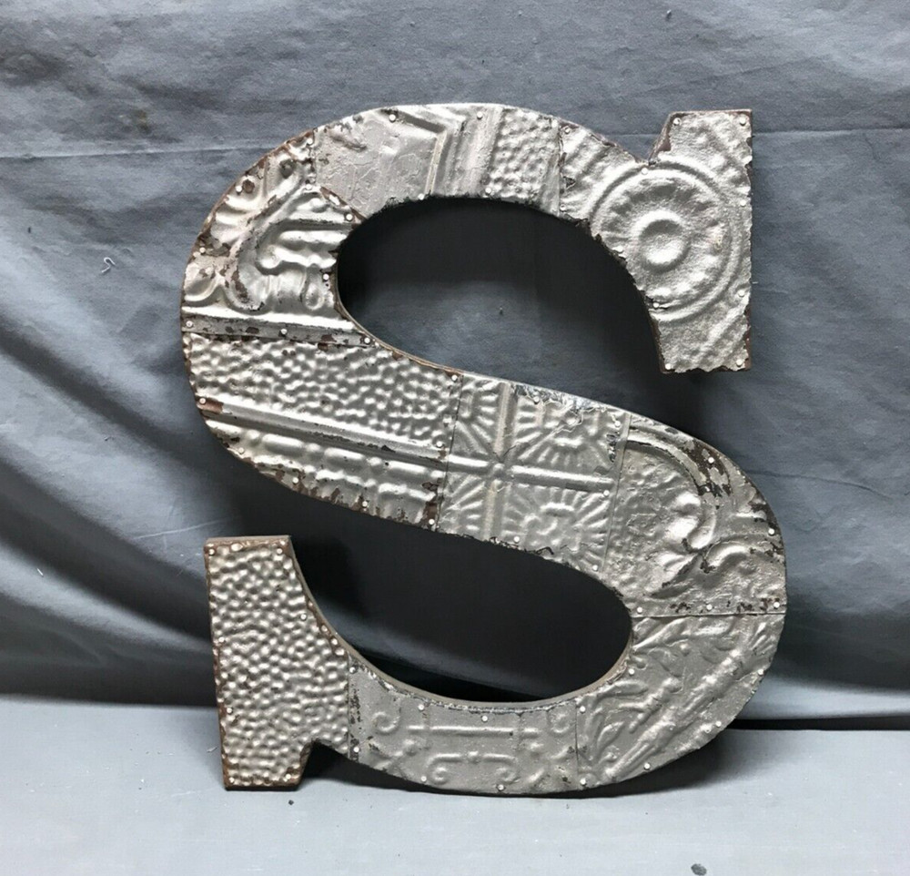 Decorative Salvage Tin Ceiling 16″ Patchwork Silver Metal VTG Letter S 1793-24B