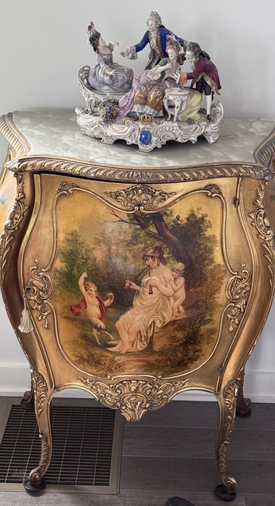Gilt & Vernis Martin Painted Marble Top Bombay Commode 38ht X 30w X 16d